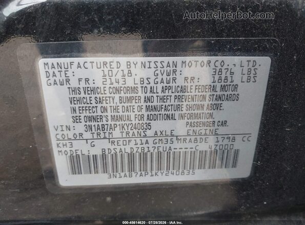 3N1AB7AP1KY240835 2019 NISSAN SENTRA Black Շարժիչի բաժամունքի տեսք