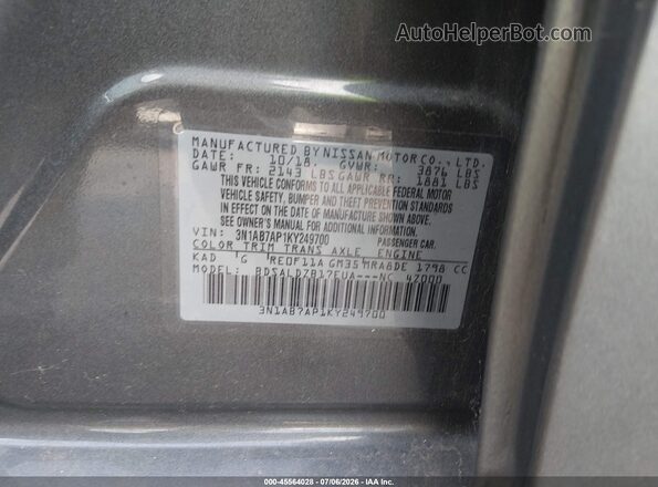 3N1AB7AP1KY249700 2019 NISSAN SENTRA Gray Widok komory silnika
