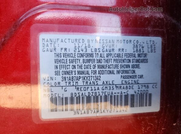 3N1AB7AP1KY271342 2019 NISSAN SENTRA Red Widok komory silnika