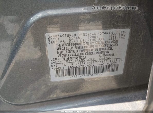 3N1AB7AP1KY273236 2019 NISSAN SENTRA Gray Engine compartment view