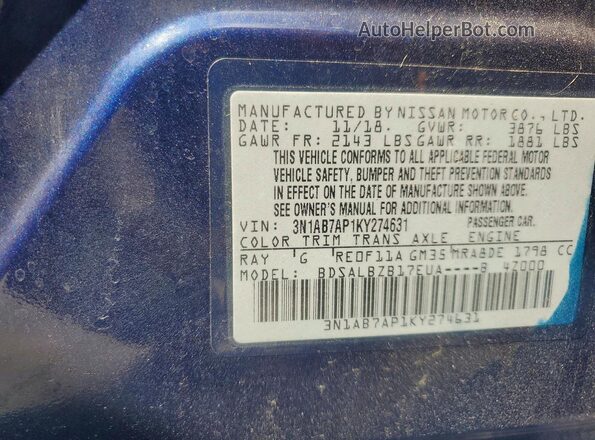 3N1AB7AP1KY274631 2019 NISSAN SENTRA Blue Vista de la etiqueta del VIN