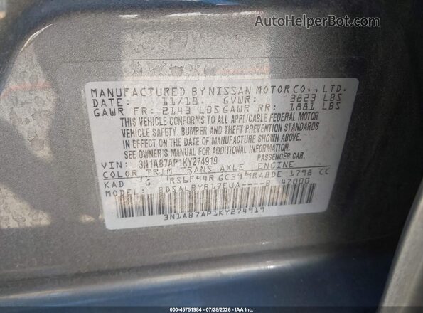 3N1AB7AP1KY274919 2019 NISSAN SENTRA Серый Вид подкапотного пространства