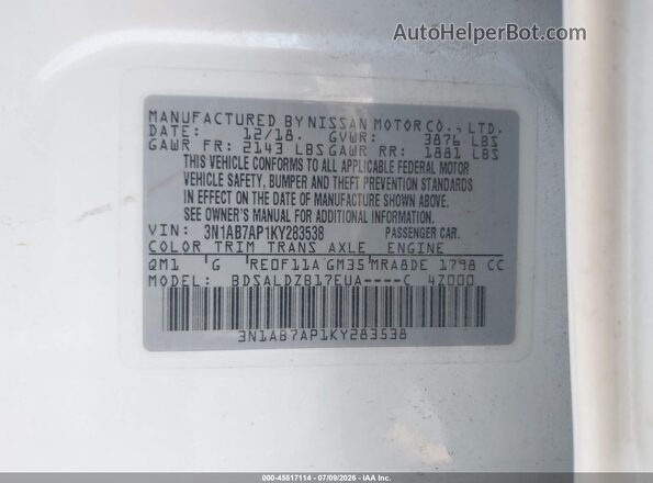 3N1AB7AP1KY283538 2019 NISSAN SENTRA Белый Вид подкапотного пространства