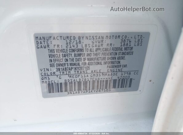 3N1AB7AP1KY287105 2019 NISSAN SENTRA White Вид підкапотного простору