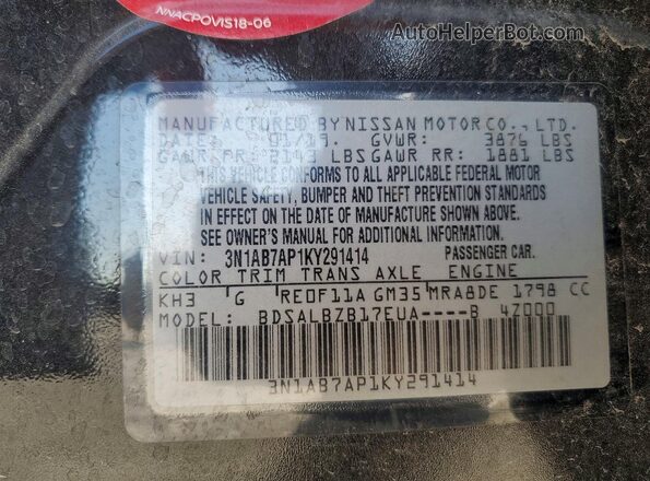 3N1AB7AP1KY291414 2019 NISSAN SENTRA Black Вид підкапотного простору