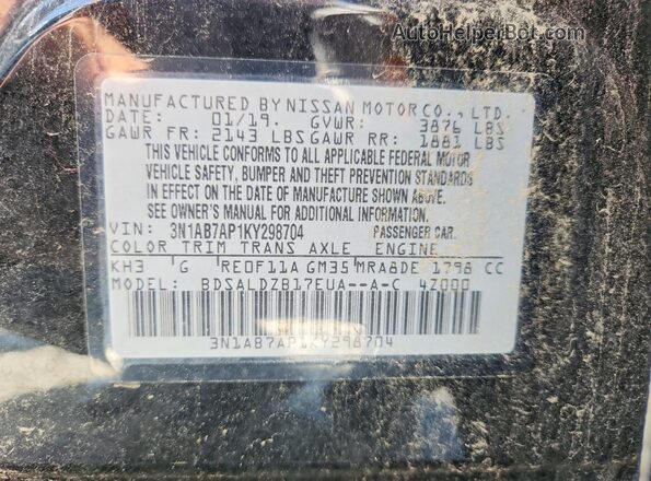 3N1AB7AP1KY298704 2019 NISSAN SENTRA Black Շարժիչի բաժամունքի տեսք