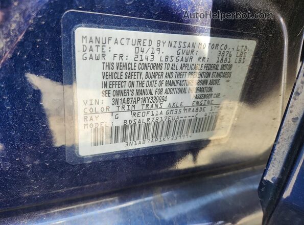 3N1AB7AP1KY339994 2019 NISSAN SENTRA Синий Вид наклейки с VIN-кодом