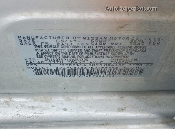 3N1AB7AP1KY351725 2019 NISSAN SENTRA Silver VIN կոդի պիտակի տեսք