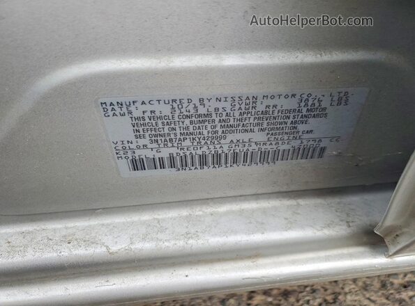 3N1AB7AP1KY429999 2019 NISSAN SENTRA Silver VIN կոդի պիտակի տեսք