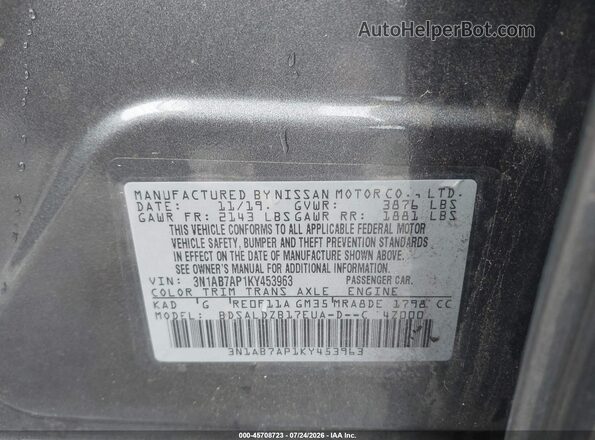 3N1AB7AP1KY453963 2019 NISSAN SENTRA Gray ძრავის განყოფილების ხედი