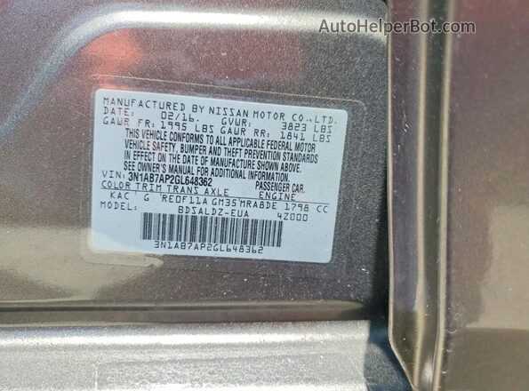 3N1AB7AP2GL648362 2016 NISSAN SENTRA Charcoal ძრავის განყოფილების ხედი