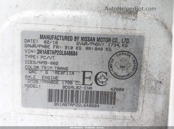 3N1AB7AP2GL648684 2016 NISSAN SENTRA White Engine compartment view