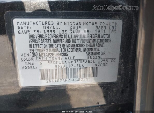 3N1AB7AP2GL650385 2016 NISSAN SENTRA Black ძრავის განყოფილების ხედი