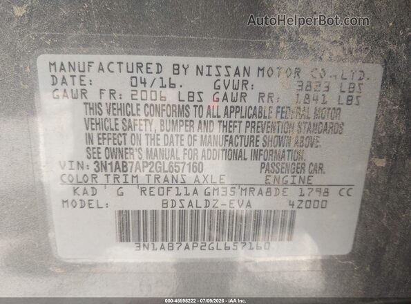 3N1AB7AP2GL657160 2016 NISSAN SENTRA Gray Вид підкапотного простору