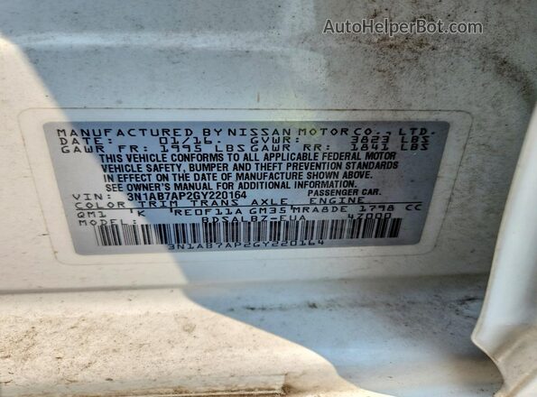 3N1AB7AP2GY220164 2016 NISSAN SENTRA White Widok komory silnika