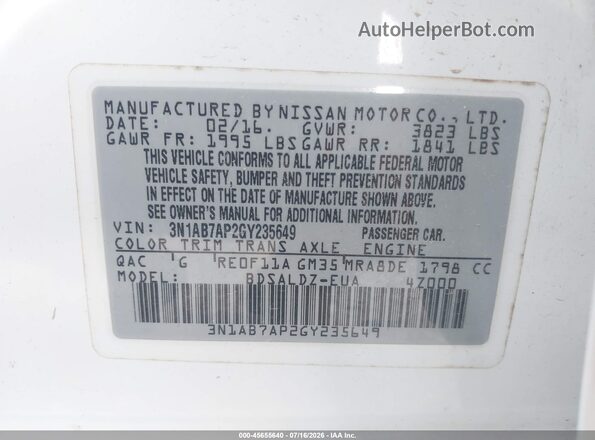 3N1AB7AP2GY235649 2016 NISSAN SENTRA White Engine compartment view