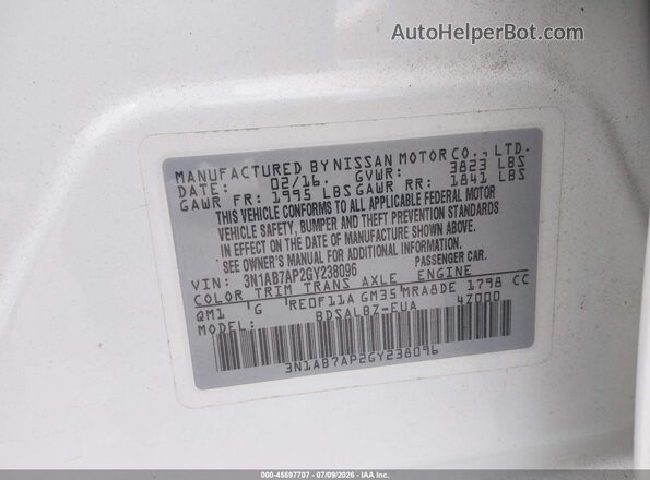 3N1AB7AP2GY238096 2016 NISSAN SENTRA White Вид підкапотного простору