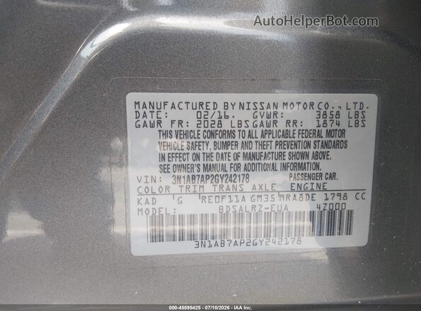 3N1AB7AP2GY242178 2016 NISSAN SENTRA Gray Vista del compartimento del motor
