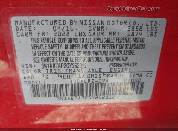 3N1AB7AP2GY262012 2016 NISSAN SENTRA Red ძრავის განყოფილების ხედი