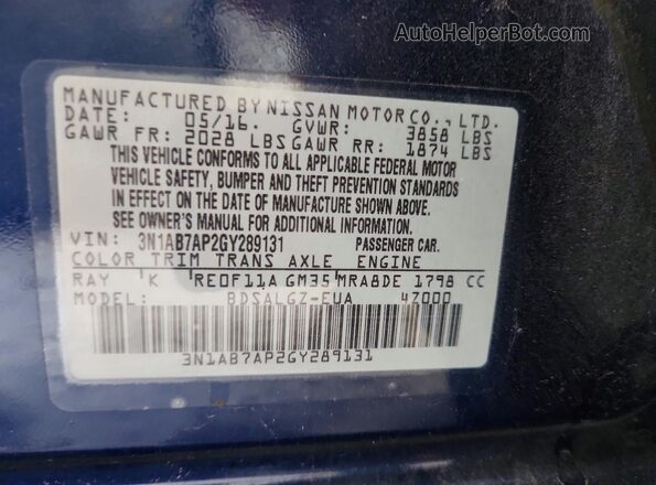 3N1AB7AP2GY289131 2016 NISSAN SENTRA Синий Вид наклейки с VIN-кодом
