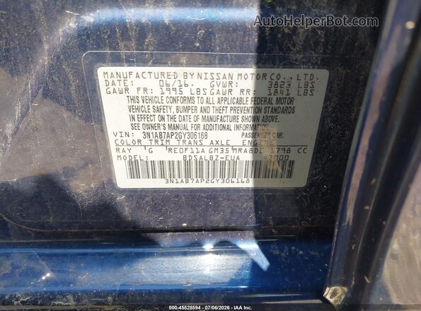 3N1AB7AP2GY306168 2016 NISSAN SENTRA Blue Widok komory silnika
