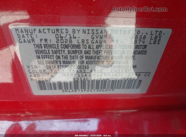 3N1AB7AP2GY306249 2016 NISSAN SENTRA Красный Вид подкапотного пространства