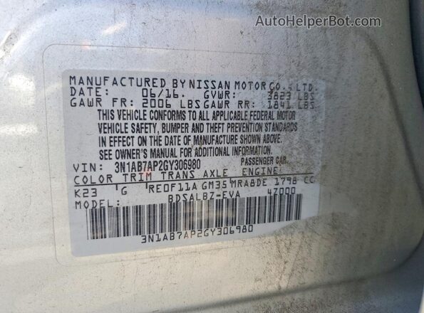 3N1AB7AP2GY306980 2016 NISSAN SENTRA Silver ძრავის განყოფილების ხედი