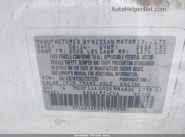 3N1AB7AP2GY327232 2016 NISSAN SENTRA White Շարժիչի բաժամունքի տեսք