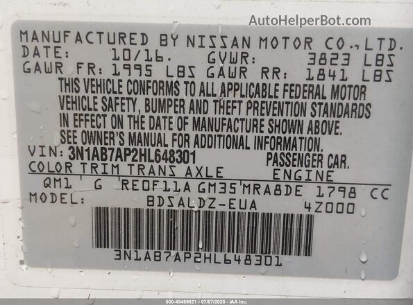 3N1AB7AP2HL648301 2017 NISSAN SENTRA White Вид підкапотного простору