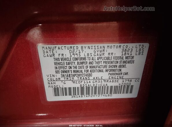 3N1AB7AP2HY274680 2017 NISSAN SENTRA Red Շարժիչի բաժամունքի տեսք