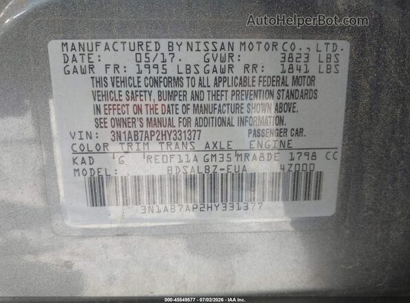 3N1AB7AP2HY331377 2017 NISSAN SENTRA Серый Вид подкапотного пространства