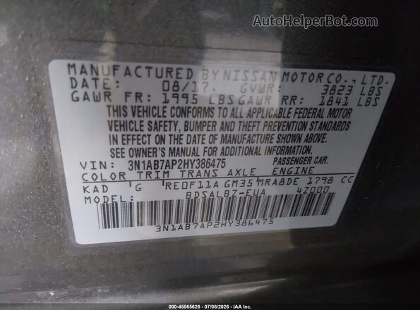 3N1AB7AP2HY386475 2017 NISSAN SENTRA Серый Вид подкапотного пространства
