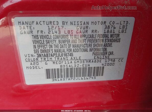 3N1AB7AP2JL616745 2018 NISSAN SENTRA Red Widok komory silnika