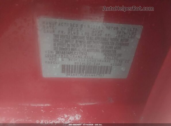 3N1AB7AP2JL617913 2018 NISSAN SENTRA Красный Вид подкапотного пространства