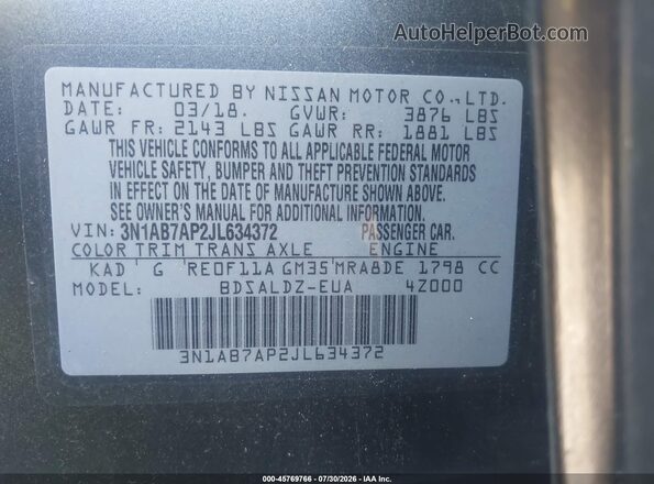 3N1AB7AP2JL634372 2018 NISSAN SENTRA Gray Շարժիչի բաժամունքի տեսք
