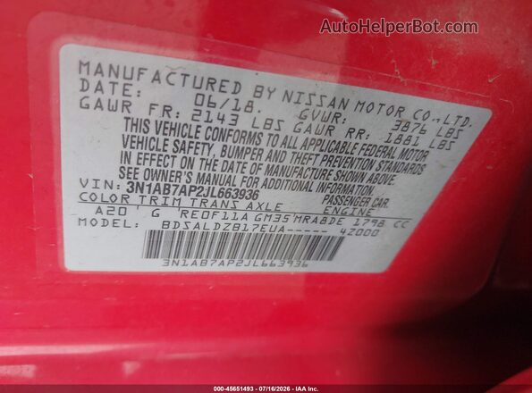 3N1AB7AP2JL663936 2018 NISSAN SENTRA Red Widok komory silnika