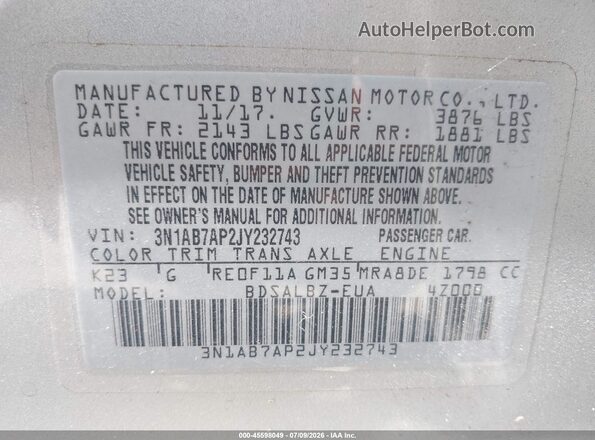 3N1AB7AP2JY232743 2018 NISSAN SENTRA Silver Вид підкапотного простору