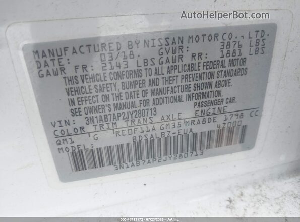 3N1AB7AP2JY280713 2018 NISSAN SENTRA White Vista del compartimento del motor