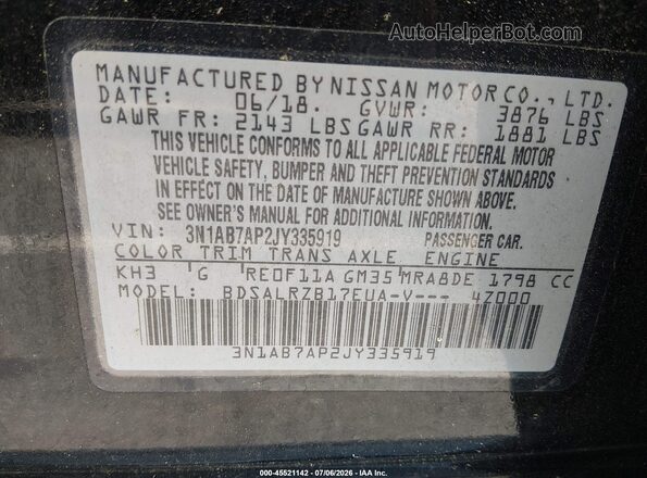 3N1AB7AP2JY335919 2018 NISSAN SENTRA Black ძრავის განყოფილების ხედი