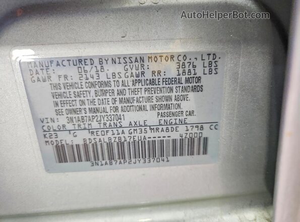 3N1AB7AP2JY337041 2018 NISSAN SENTRA Silver ძრავის განყოფილების ხედი