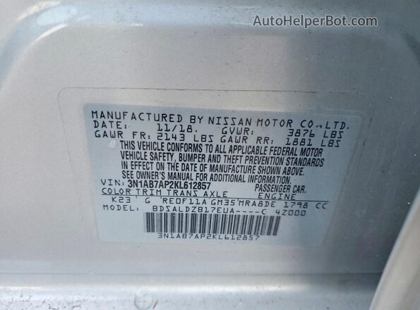 3N1AB7AP2KL612857 2019 NISSAN SENTRA Silver VIN კოდის სტიკერის ხედი