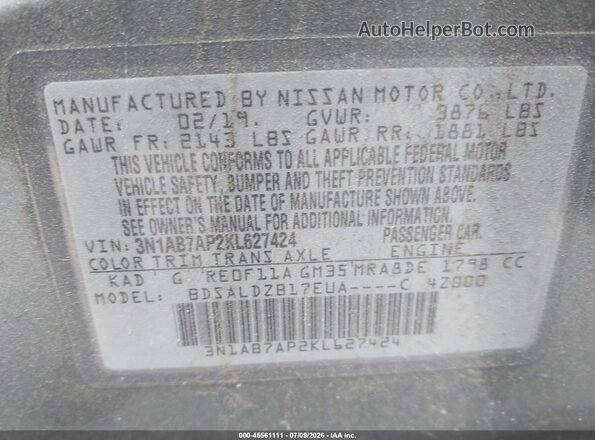 3N1AB7AP2KL627424 2019 NISSAN SENTRA Gray ძრავის განყოფილების ხედი