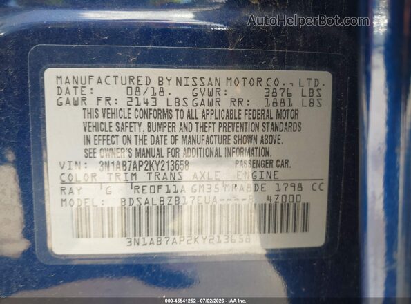 3N1AB7AP2KY213658 2019 NISSAN SENTRA Blue Vista del compartimento del motor