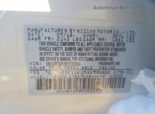 3N1AB7AP2KY235594 2019 NISSAN SENTRA Silver Вид підкапотного простору