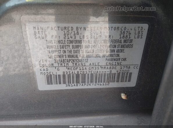 3N1AB7AP2KY246112 2019 NISSAN SENTRA Серый Вид подкапотного пространства