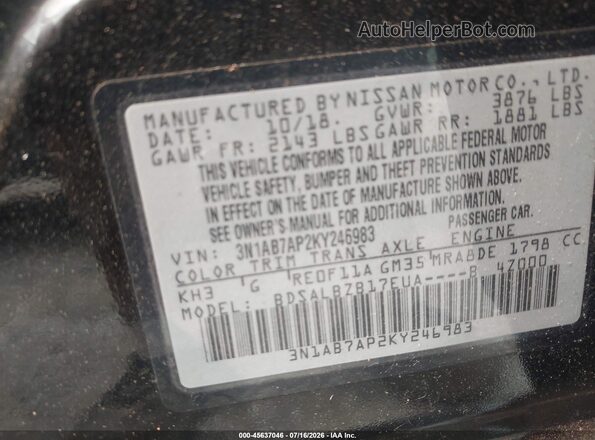 3N1AB7AP2KY246983 2019 NISSAN SENTRA Black ძრავის განყოფილების ხედი