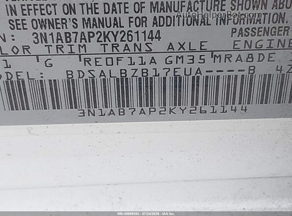 3N1AB7AP2KY261144 2019 NISSAN SENTRA White Շարժիչի բաժամունքի տեսք