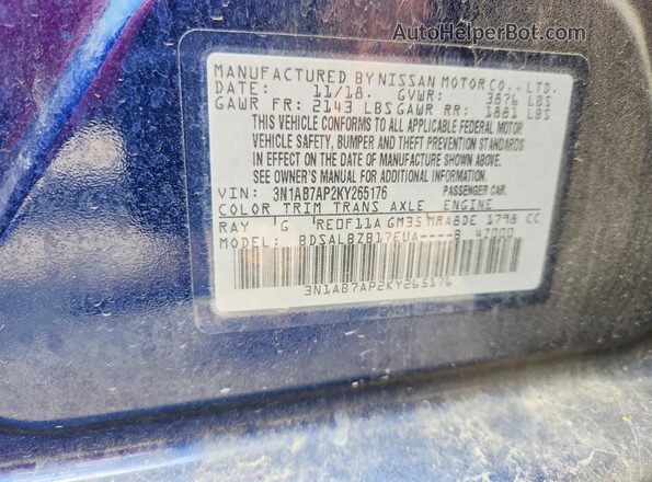 3N1AB7AP2KY265176 2019 NISSAN SENTRA Blue Engine compartment view
