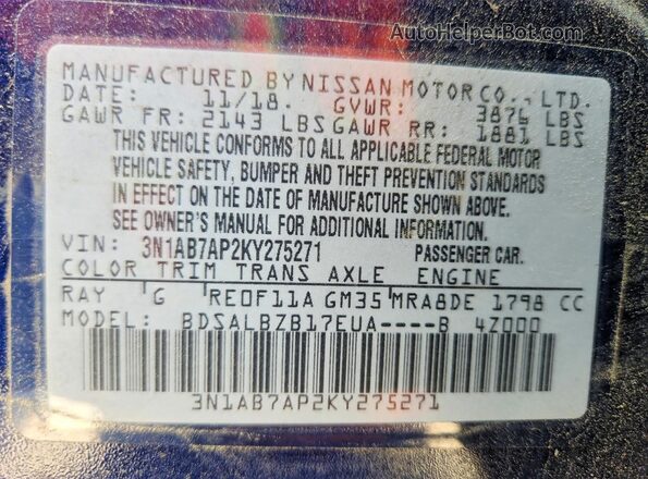 3N1AB7AP2KY275271 2019 NISSAN SENTRA Blue Вид наклейки з VIN-кодом