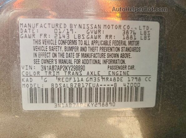 3N1AB7AP2KY298890 2019 NISSAN SENTRA Gray Widok naklejki z numerem VIN